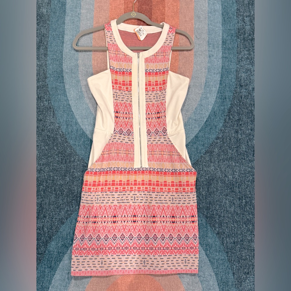 Ella Moss Paz Print Pink White Sleeveless Zip Front Dress Size S